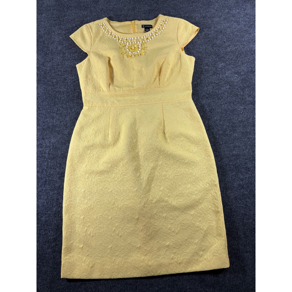 New Directions Yellow Jacquard Sheath Dress Embellished Pearl Cap Sleeve Size 6